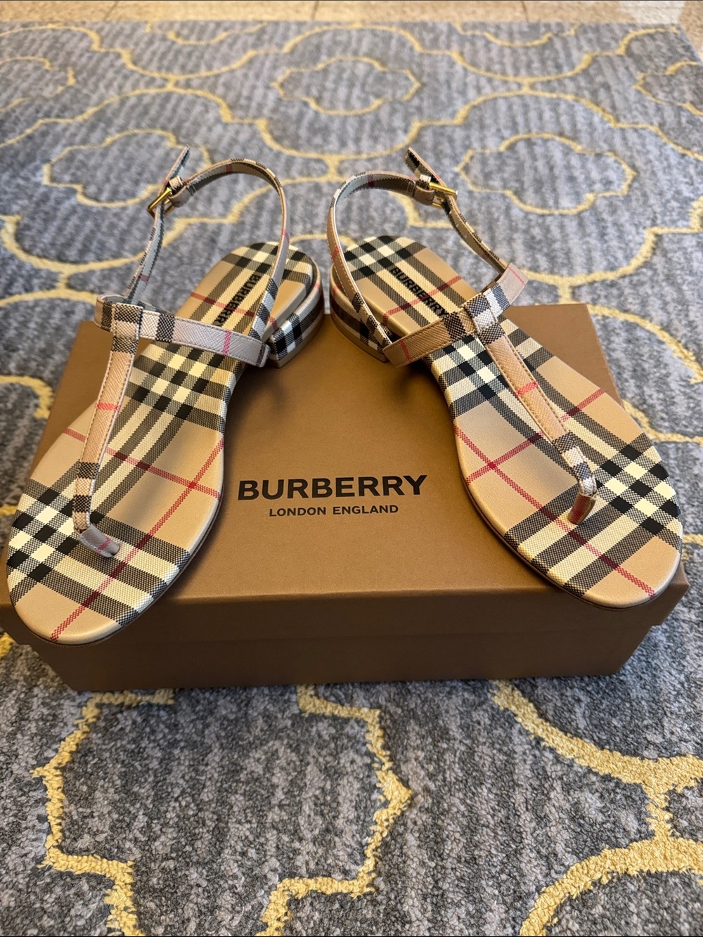 Burberry Beige Plaid T-Strap Sandals